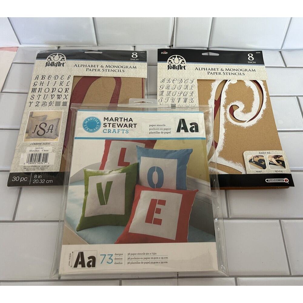 2 Reusable 8” Alphabet & Monogram Paper Stencils FolkArt , 1 Martha Stewart ABC